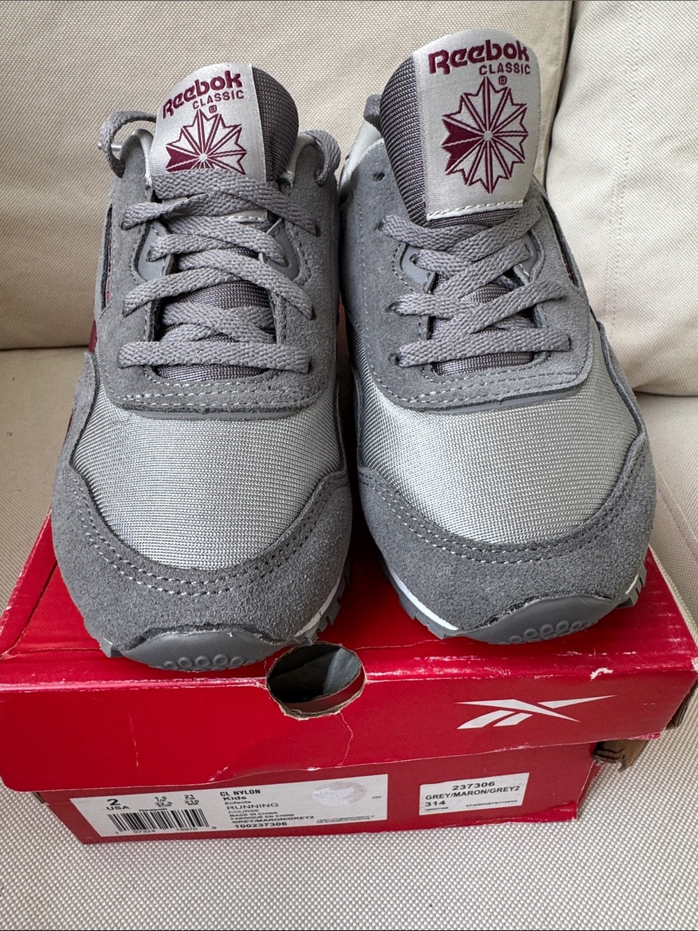 Reebok Kids Grey and Maroon Classic Sneakers